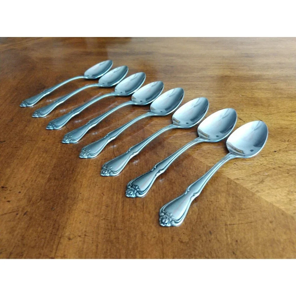 1881 Rogers Oneida Ltd Arbor Rose True Rose Stainless: Lot of 8x Teaspoon 6
